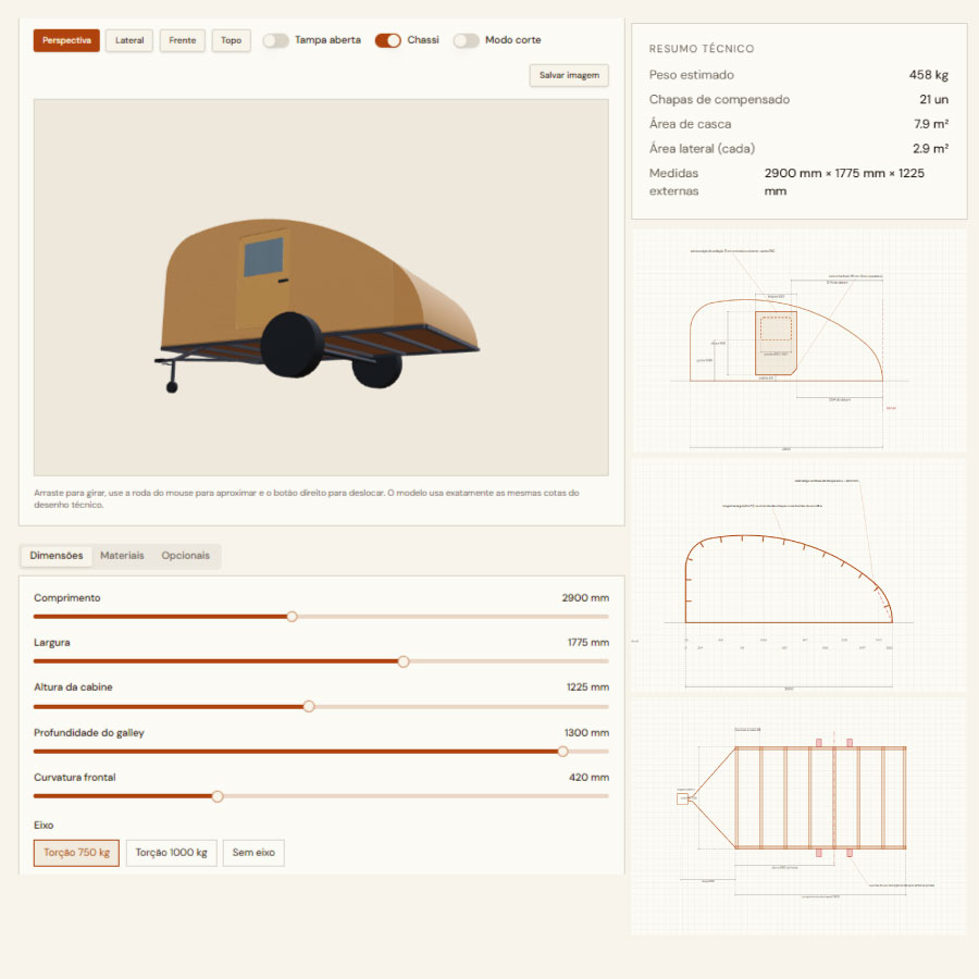 Configurador MeuTrailer com visualização 3D, resumo técnico e controles de dimensões do teardrop