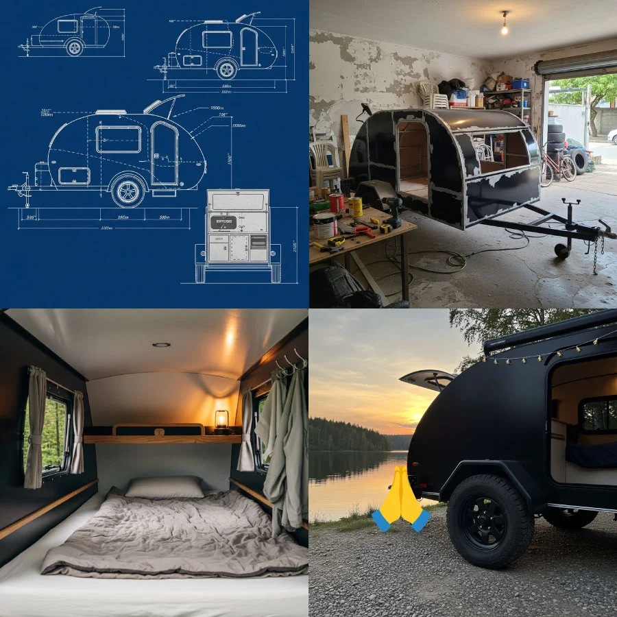 Pranchas técnicas de um trailer teardrop, construção em oficina, interior com cama e trailer na beira do lago ao pôr do sol